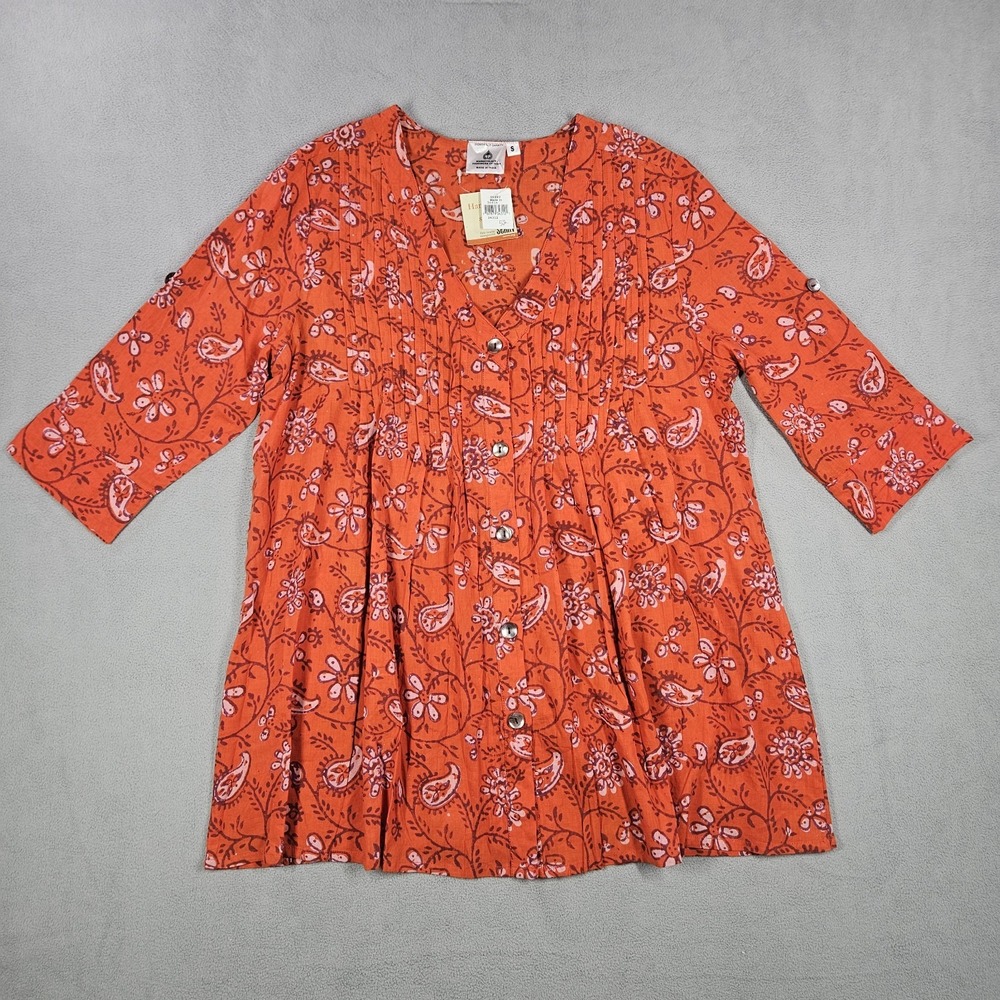Dignity Not Charity Blouse Women's Small Orange Boho Granola Tunic Top Pintucks
